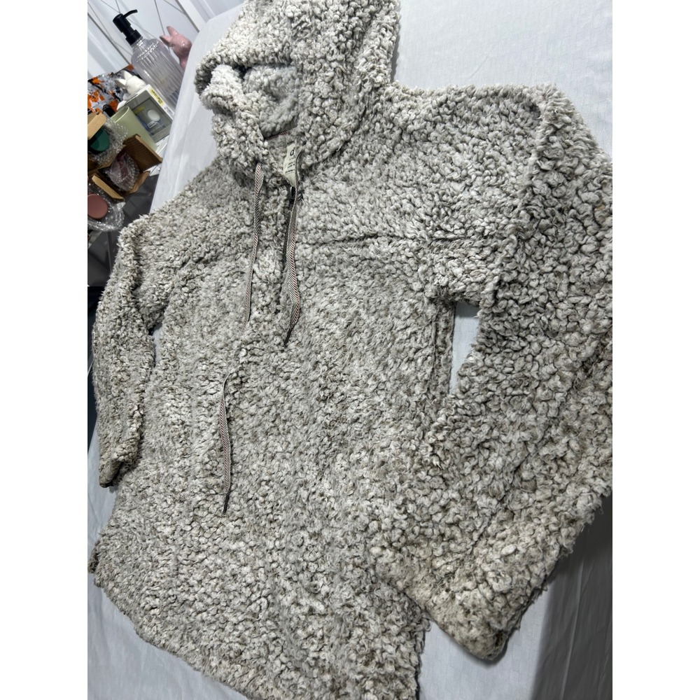 Dylan by True Grit Sherpa Fleece Quarter Zip Hoodie Oatmeal Grey Pullover